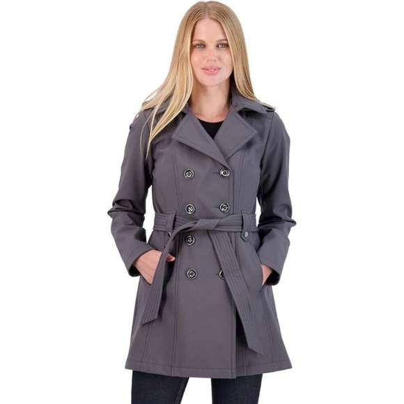 💫 Women Grey Shell Trench Coat Soft Comfortable Button-Off Warm Detachable Hood - Picture 2 of 5
